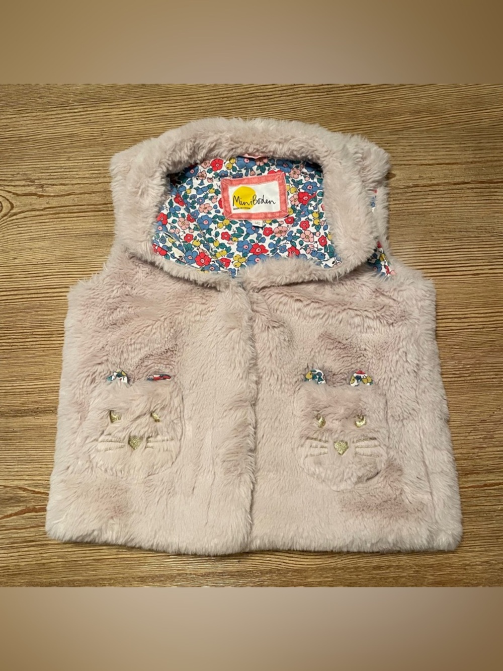 Mini Boden Light Pink Faux Fur Hooded Vest with Floral Lining and Cat Pockets
